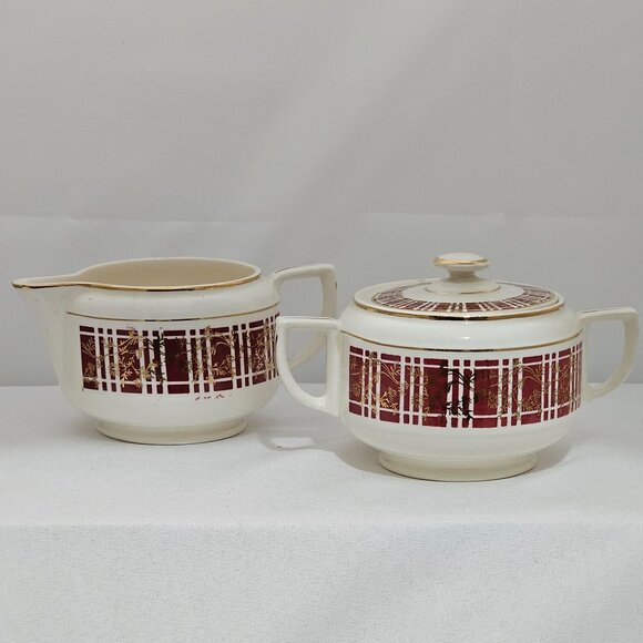 Homer Laughlin Piccadilly Creamer Sugar Stacking Set vtg red plaid gold floral - Picture 11 of 11